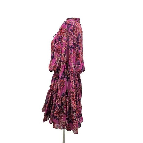 New Misa Leeva Mini Dress Womens S Fuchsia Batik Pink Sheer Chiffon Bell Sleeves - Picture 5 of 9